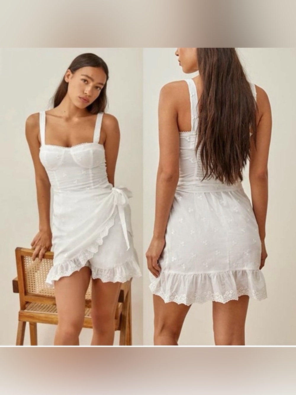 REFORMATION Ives White Cotton Embroidered Bustier Wrap Skirt Dress Size 12
